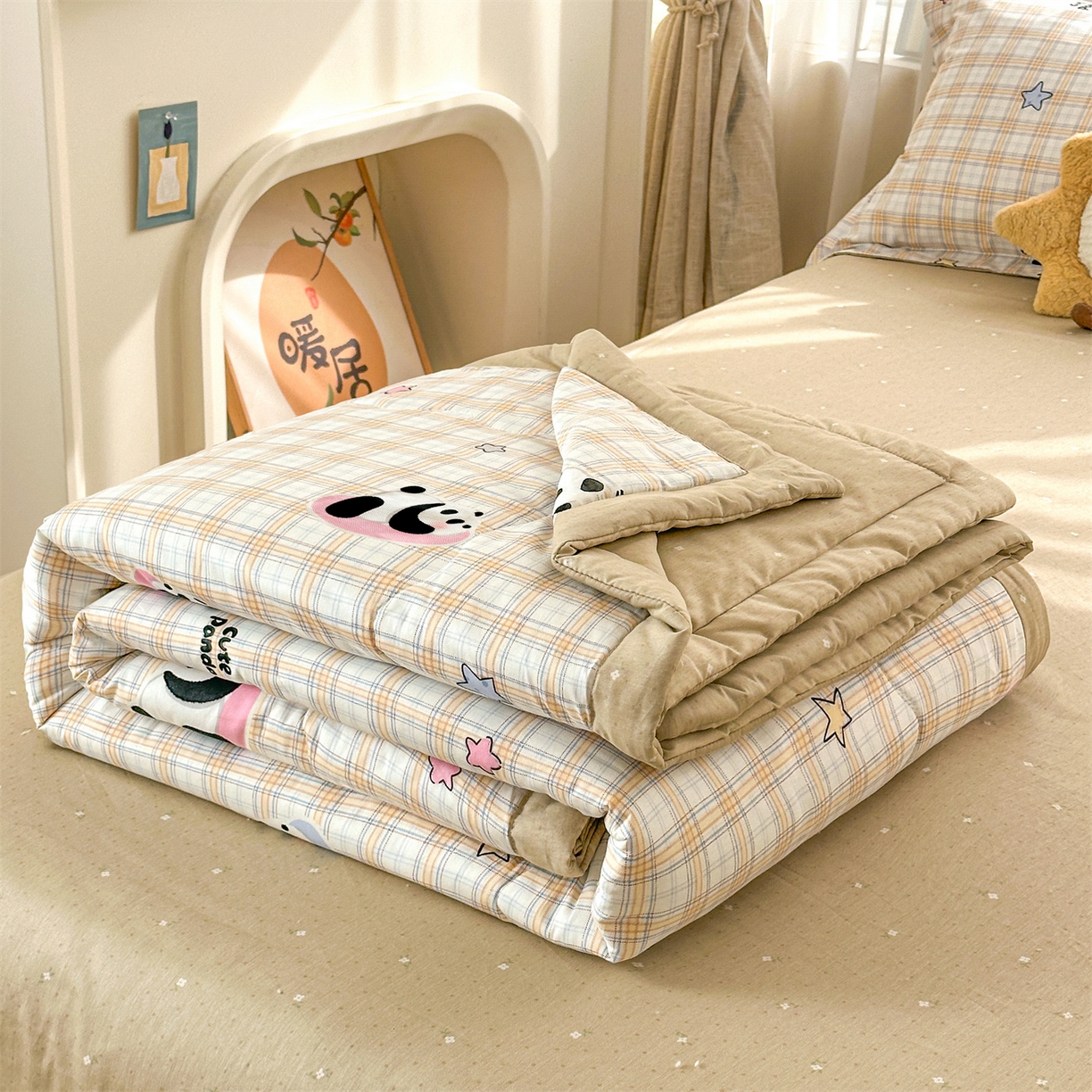 91家纺网 家纺一手货源 找家纺 易博家纺 2026新款小清新款里外全棉纯棉夏被夏凉被空调被 熊猫宝贝