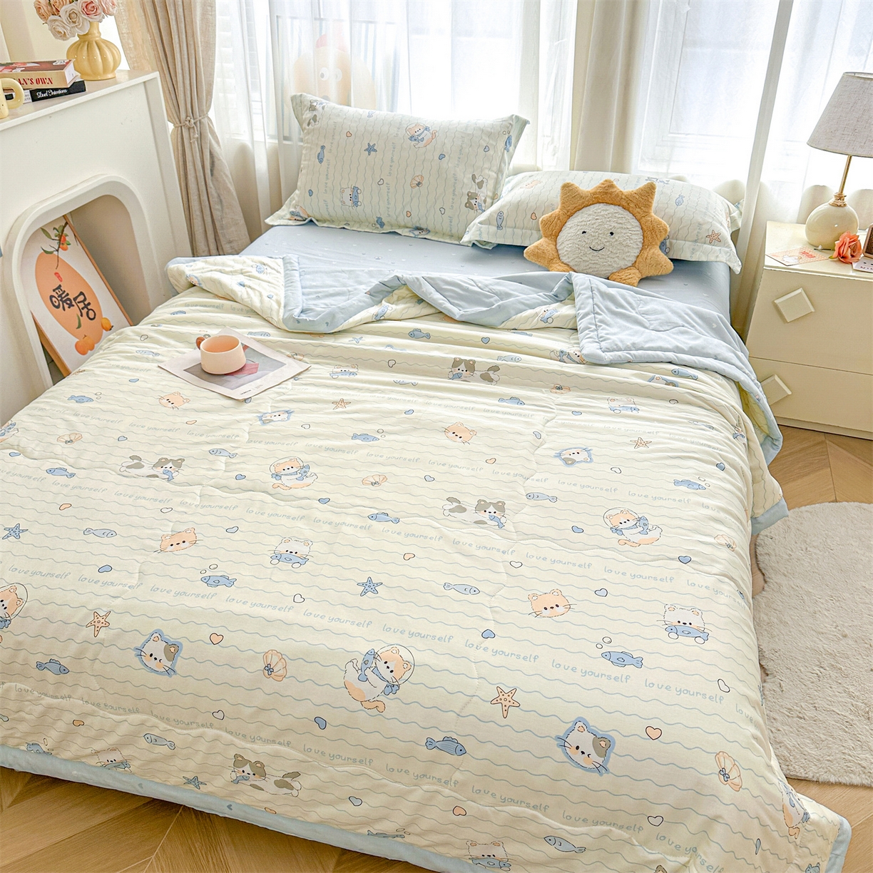 91家纺网 家纺一手货源 找家纺 易博家纺 2026新款小清新款里外全棉纯棉夏被夏凉被空调被 猫猫鱼