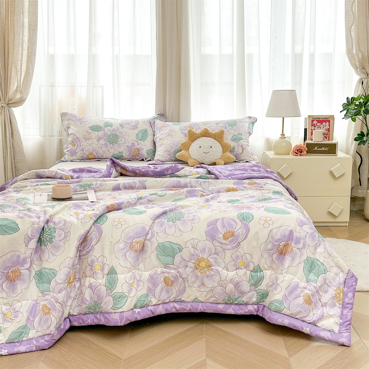 91家纺网 家纺一手货源 找家纺 易博家纺 2026新款小清新款里外全棉纯棉夏被夏凉被空调被 紫精灵