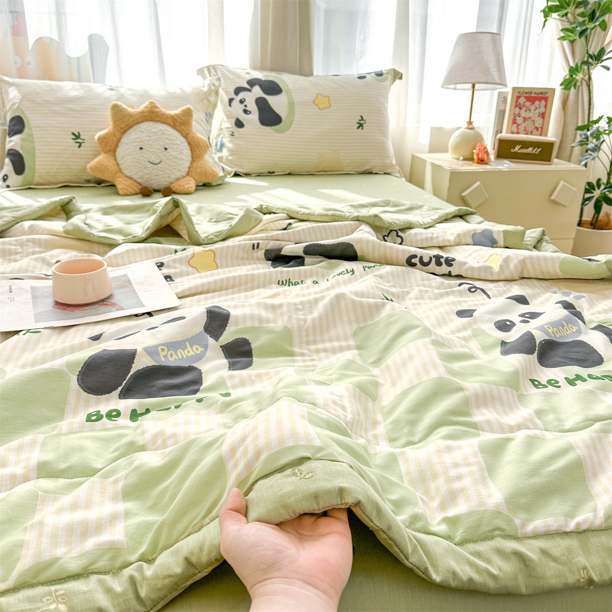 91家纺网 家纺一手货源 找家纺 易博家纺 2026新款小清新款里外全棉纯棉夏被夏凉被空调被 可爱熊猫