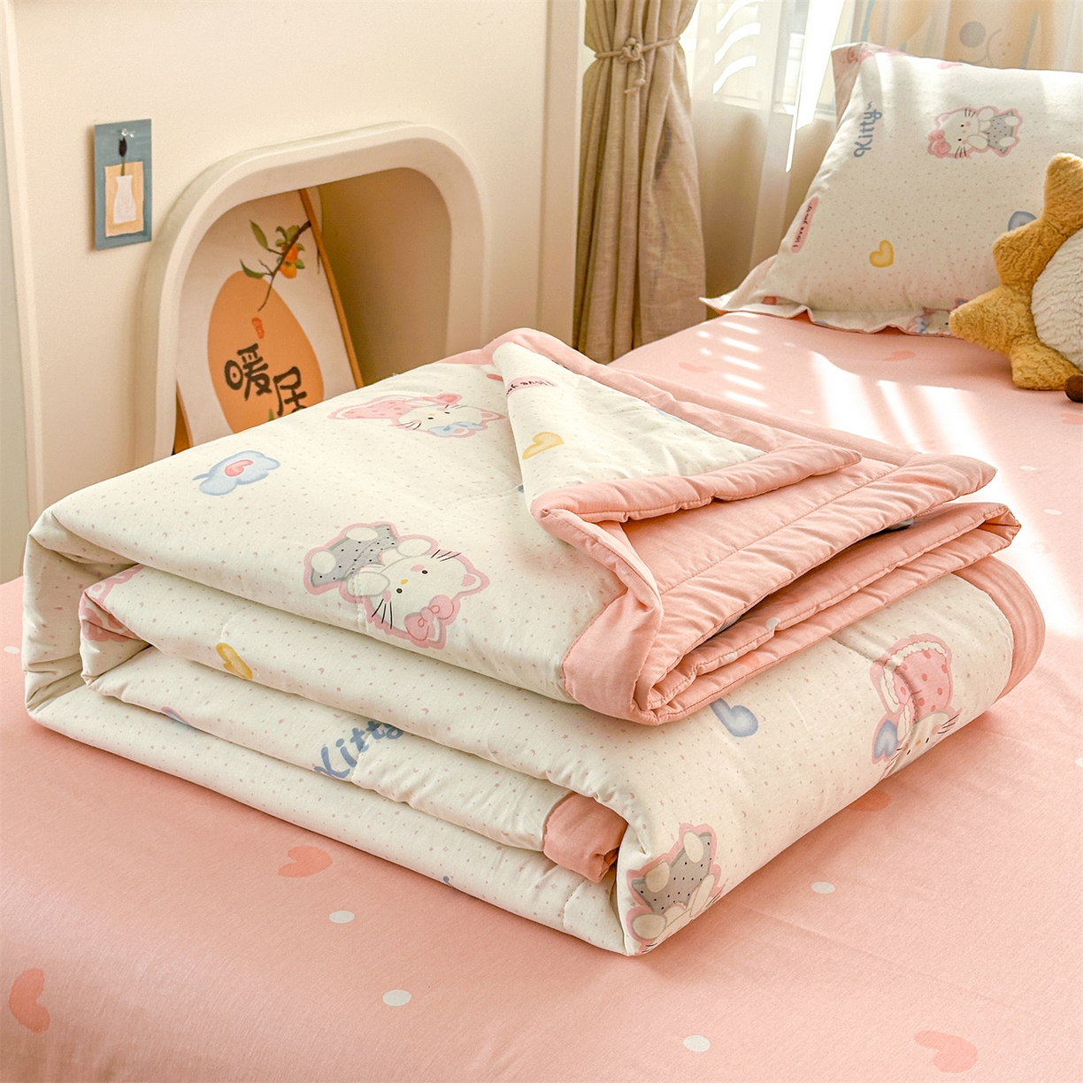 91家纺网 家纺一手货源 找家纺 易博家纺 2026新款小清新款里外全棉纯棉夏被夏凉被空调被 粉色小猫