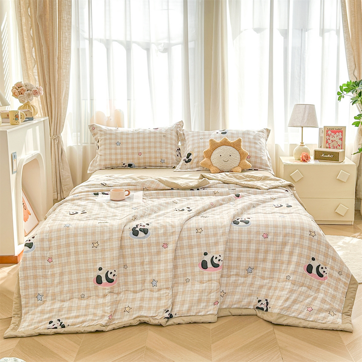 91家纺网 家纺一手货源 找家纺 易博家纺 2026新款小清新款里外全棉纯棉夏被夏凉被空调被 熊猫宝贝