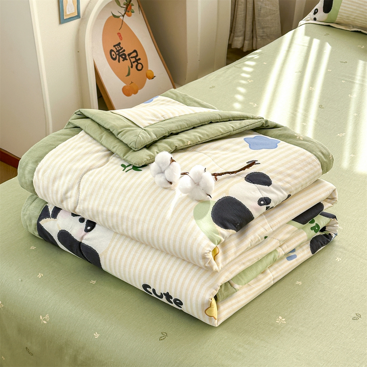 91家纺网 家纺一手货源 找家纺 易博家纺 2026新款小清新款里外全棉纯棉夏被夏凉被空调被 可爱熊猫