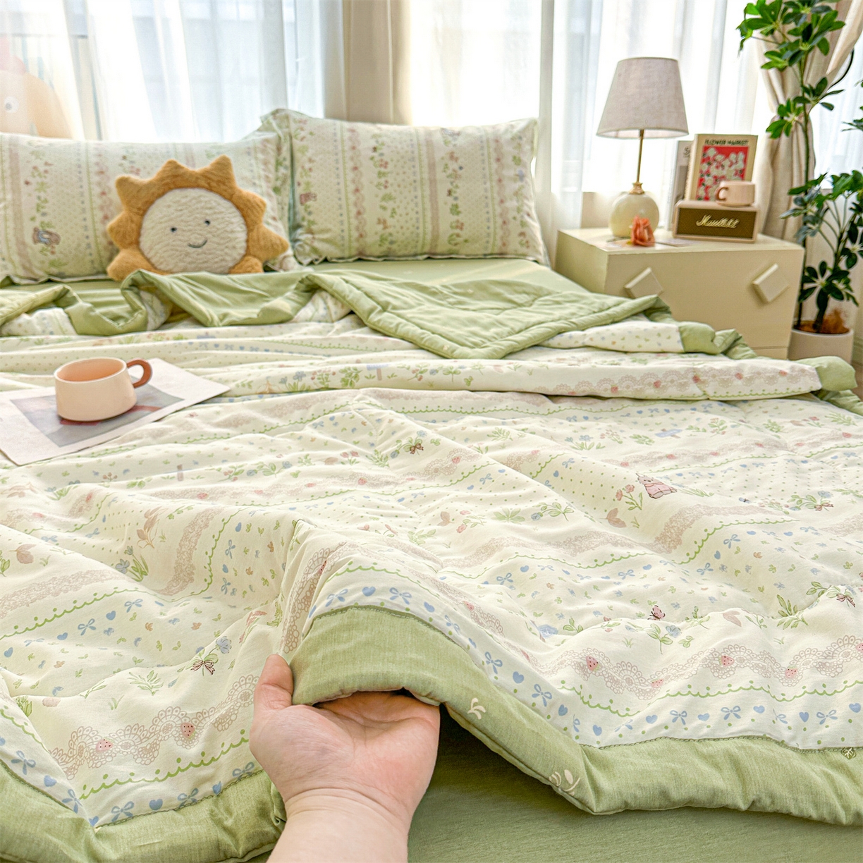 91家纺网 家纺一手货源 找家纺 易博家纺 2026新款小清新款里外全棉纯棉夏被夏凉被空调被 花蔓梦兔