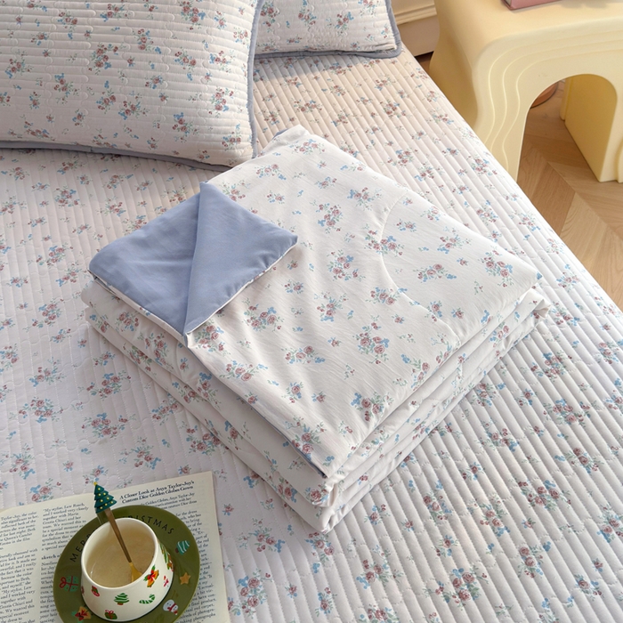 云玲时尚 2026新款古法水洗棉夏被床盖四件套 粉蓝玫瑰