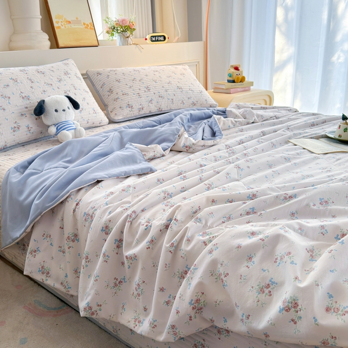 91家纺网 家纺一手货源 找家纺 云玲时尚 2026新款古法水洗棉夏被床盖四件套 粉蓝玫瑰