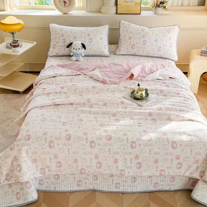 91家纺网 家纺一手货源 找家纺 云玲时尚 2026新款古法水洗棉夏被床盖四件套 粉色Kitty