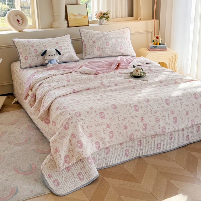 91家纺网 家纺一手货源 找家纺 云玲时尚 2026新款古法水洗棉夏被床盖四件套 粉色Kitty