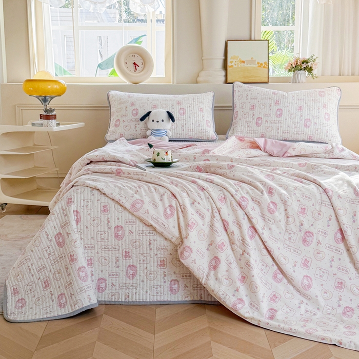 91家纺网 家纺一手货源 找家纺 云玲时尚 2026新款古法水洗棉夏被床盖四件套 粉色Kitty
