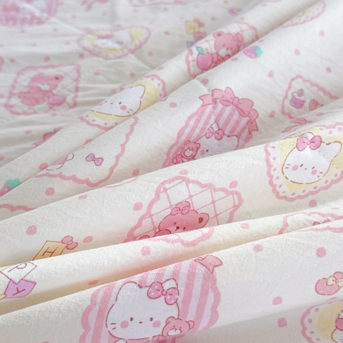 91家纺网 家纺一手货源 找家纺 云玲时尚 2026新款古法水洗棉夏被床盖四件套 粉色Kitty