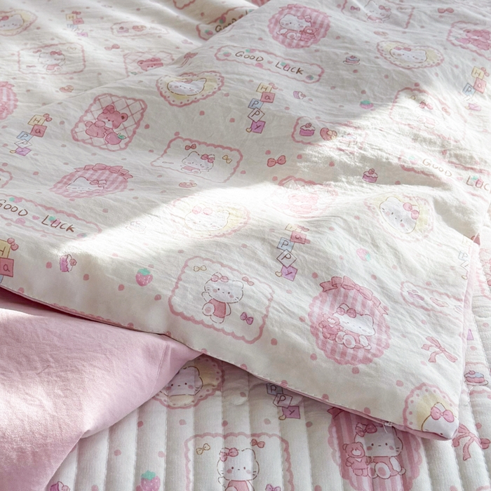91家纺网 家纺一手货源 找家纺 云玲时尚 2026新款古法水洗棉夏被床盖四件套 粉色Kitty