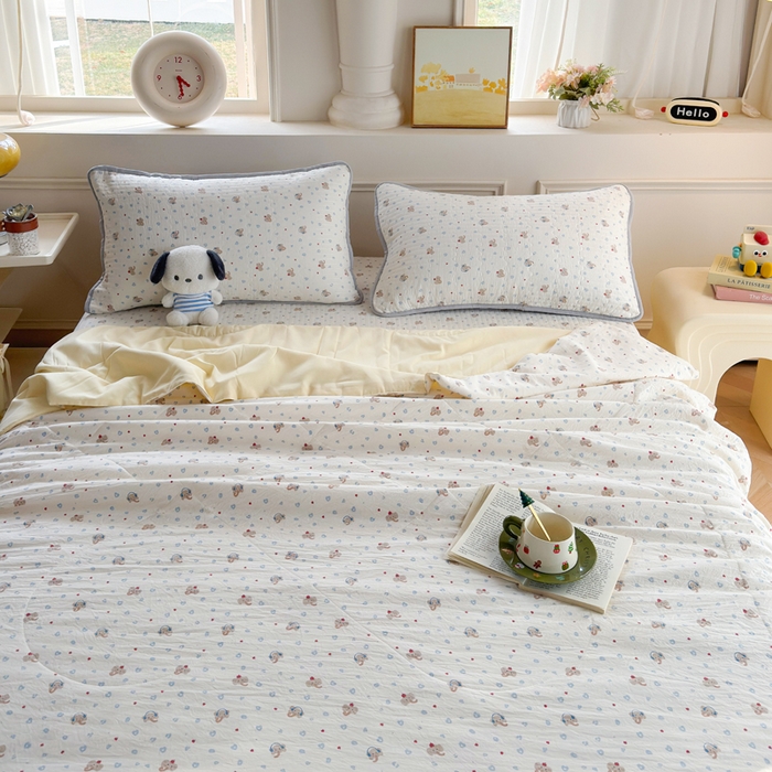 91家纺网 家纺一手货源 找家纺 云玲时尚 2026新款古法水洗棉夏被床盖四件套 好多小象