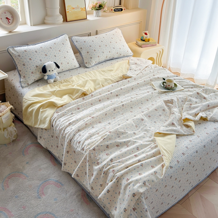 91家纺网 家纺一手货源 找家纺 云玲时尚 2026新款古法水洗棉夏被床盖四件套 好多小象