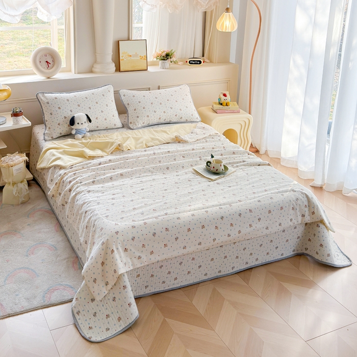 91家纺网 家纺一手货源 找家纺 云玲时尚 2026新款古法水洗棉夏被床盖四件套 好多小象