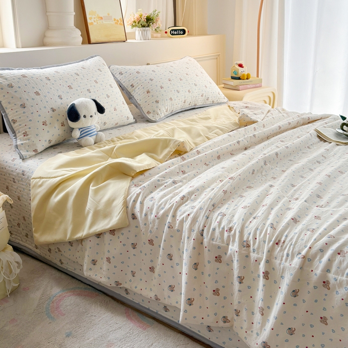 91家纺网 家纺一手货源 找家纺 云玲时尚 2026新款古法水洗棉夏被床盖四件套 好多小象