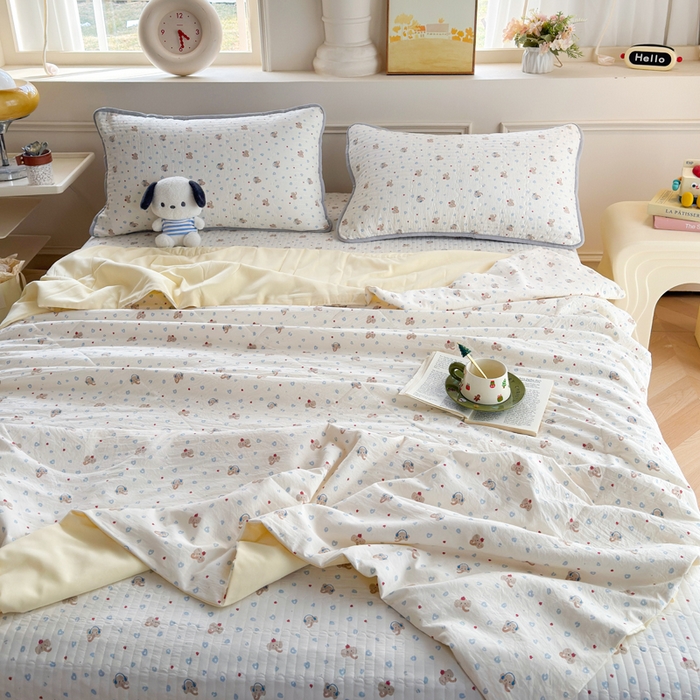 91家纺网 家纺一手货源 找家纺 云玲时尚 2026新款古法水洗棉夏被床盖四件套 好多小象