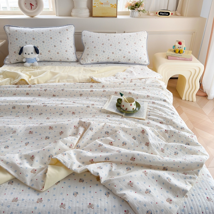 91家纺网 家纺一手货源 找家纺 云玲时尚 2026新款古法水洗棉夏被床盖四件套 好多小象