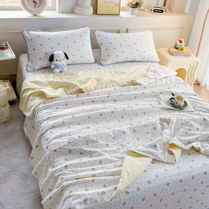 91家纺网 家纺一手货源 找家纺 云玲时尚 2026新款古法水洗棉夏被床盖四件套 好多小象