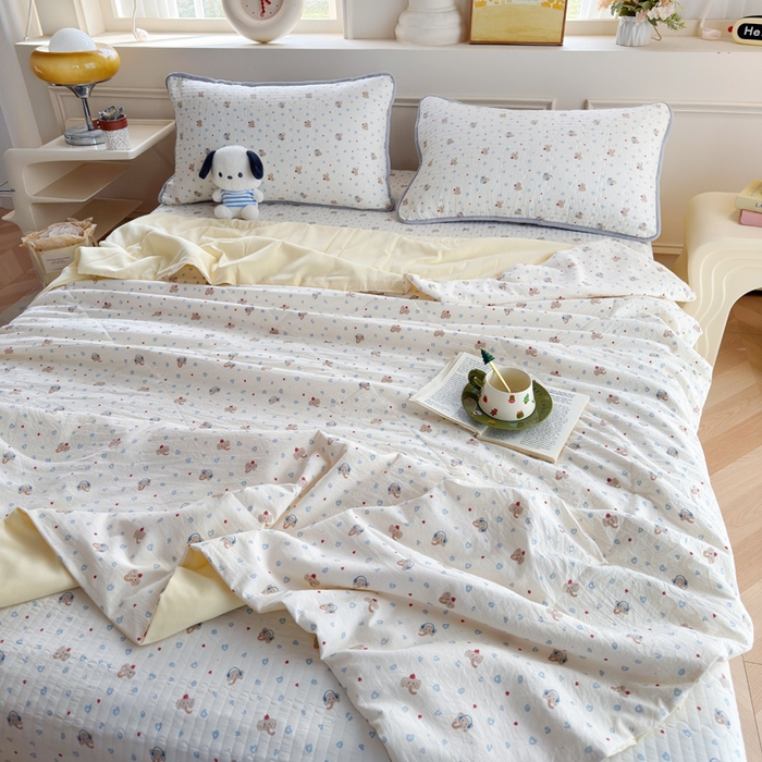 91家纺网 家纺一手货源 找家纺 云玲时尚 2026新款古法水洗棉夏被床盖四件套 好多小象