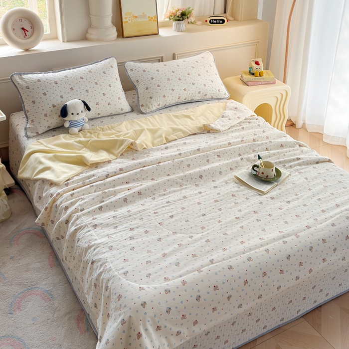 91家纺网 家纺一手货源 找家纺 云玲时尚 2026新款古法水洗棉夏被床盖四件套 好多小象