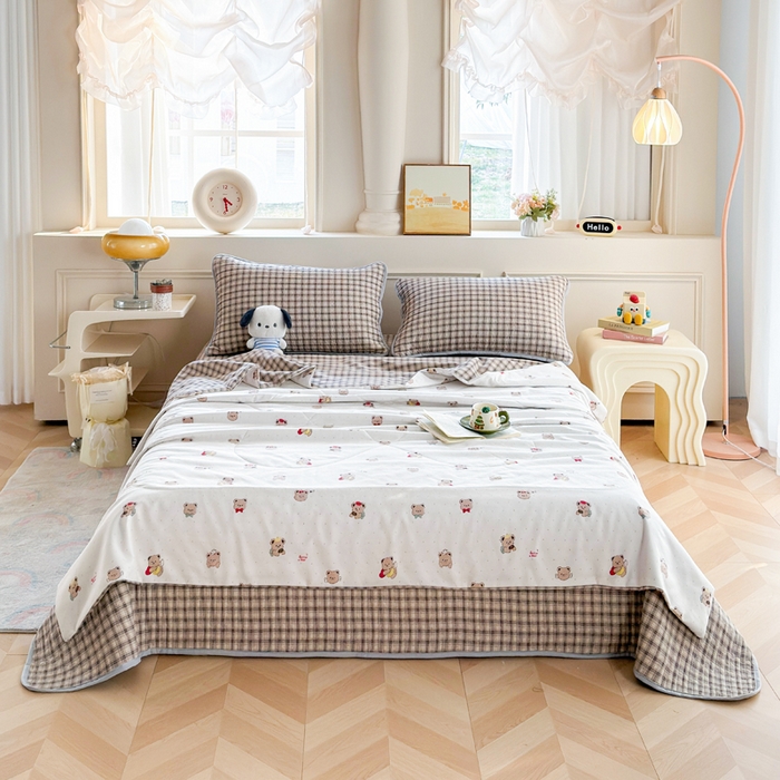 91家纺网 家纺一手货源 找家纺 云玲时尚 2026新款古法水洗棉夏被床盖四件套 可爱熊