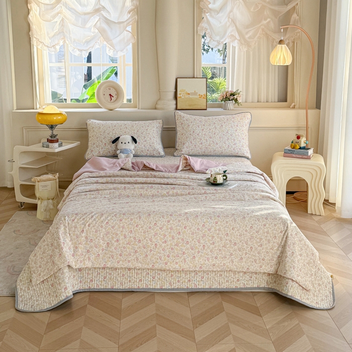 91家纺网 家纺一手货源 找家纺 云玲时尚 2026新款古法水洗棉夏被床盖四件套 素澜