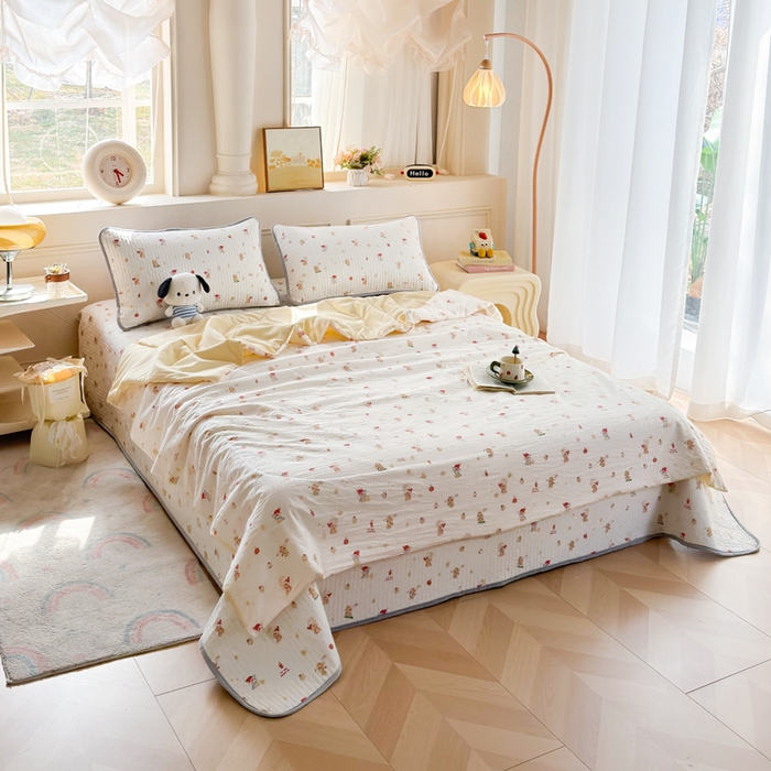 91家纺网 家纺一手货源 找家纺 云玲时尚 2026新款古法水洗棉夏被床盖四件套 星星人