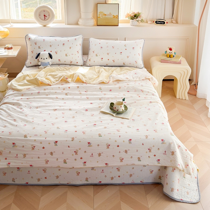 91家纺网 家纺一手货源 找家纺 云玲时尚 2026新款古法水洗棉夏被床盖四件套 星星人