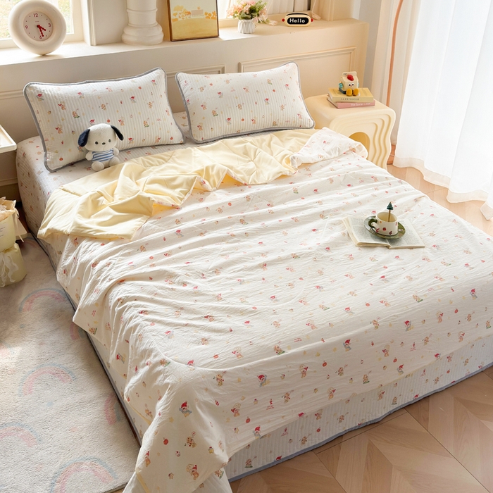 91家纺网 家纺一手货源 找家纺 云玲时尚 2026新款古法水洗棉夏被床盖四件套 星星人