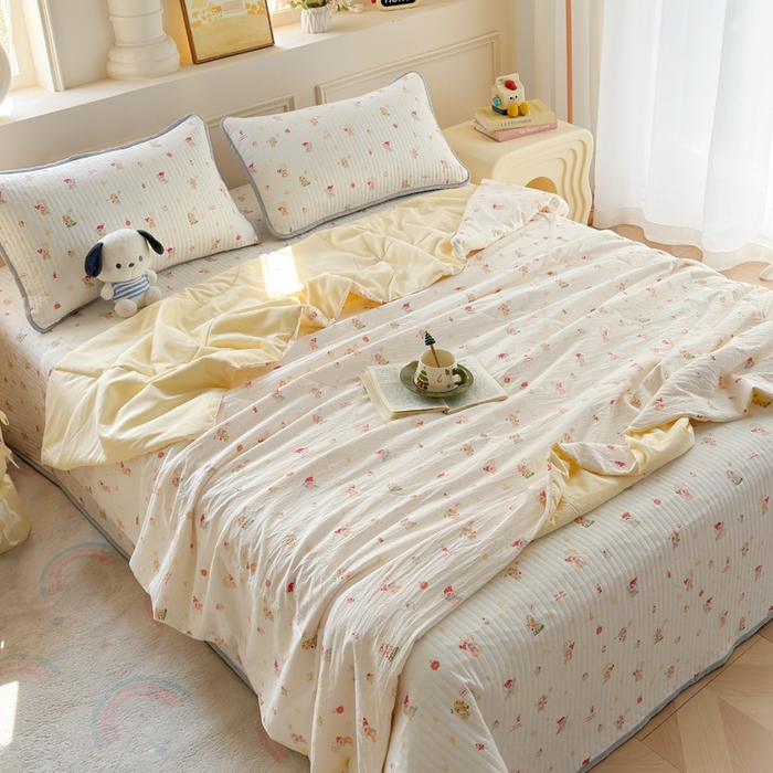 91家纺网 家纺一手货源 找家纺 云玲时尚 2026新款古法水洗棉夏被床盖四件套 星星人