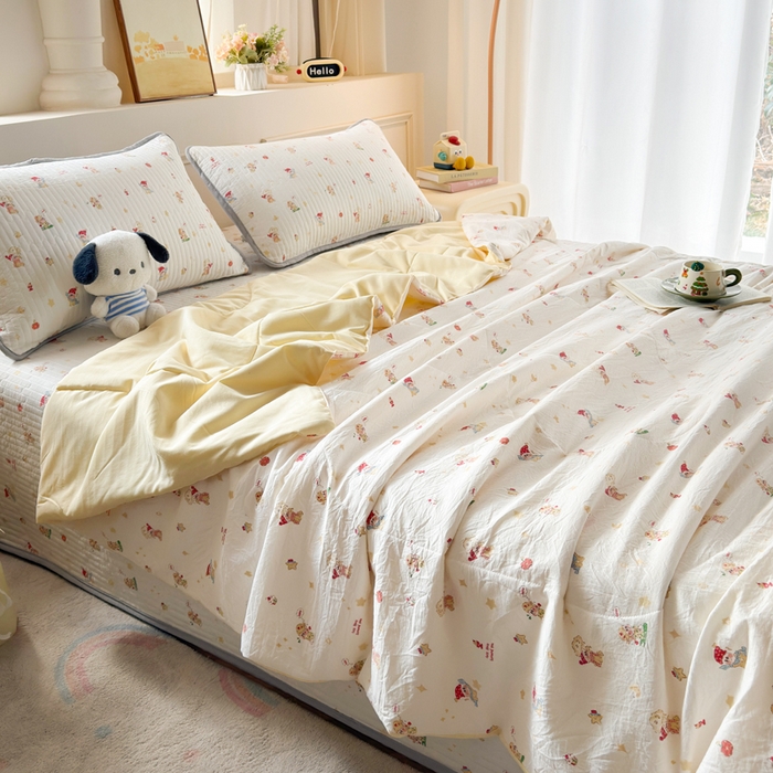 91家纺网 家纺一手货源 找家纺 云玲时尚 2026新款古法水洗棉夏被床盖四件套 星星人