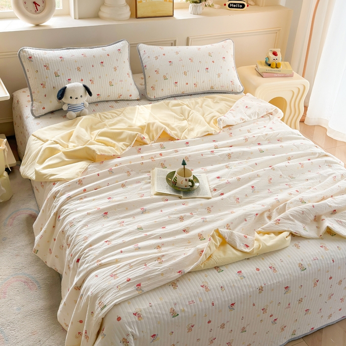 91家纺网 家纺一手货源 找家纺 云玲时尚 2026新款古法水洗棉夏被床盖四件套 星星人