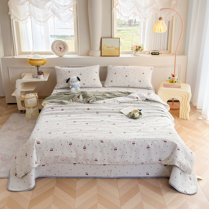 91家纺网 家纺一手货源 找家纺 云玲时尚 2026新款古法水洗棉夏被床盖四件套 樱桃绿