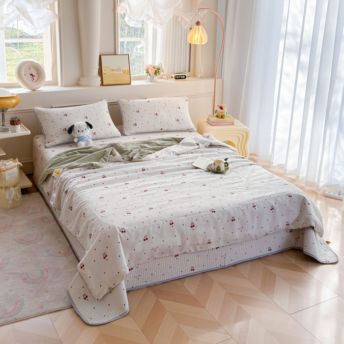 91家纺网 家纺一手货源 找家纺 云玲时尚 2026新款古法水洗棉夏被床盖四件套 樱桃绿