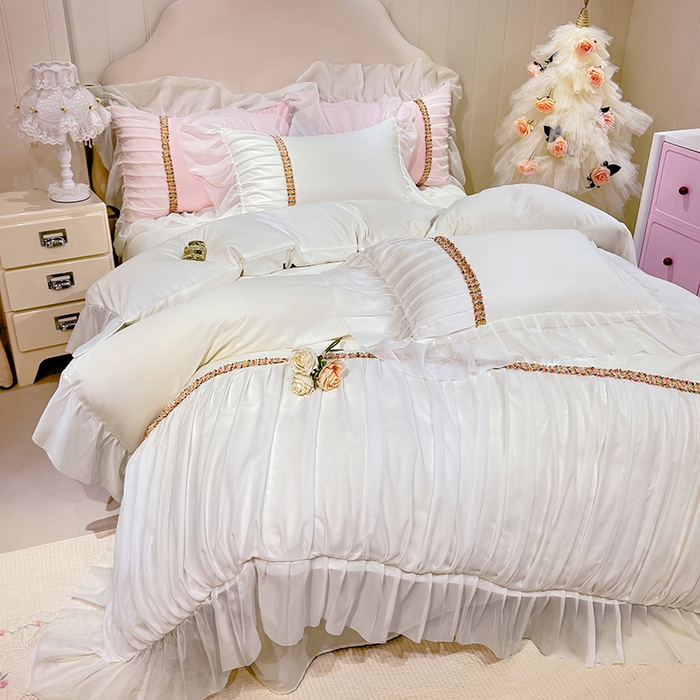 91家纺网 家纺一手货源 找家纺 艾米家居 2026春夏水洗真丝花边款四件套-春漾系列 珍珠白