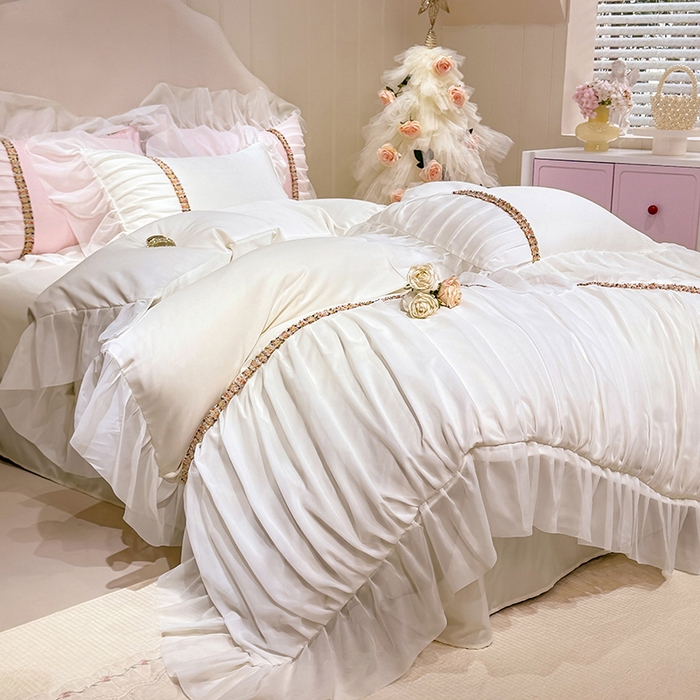 91家纺网 家纺一手货源 找家纺 艾米家居 2026春夏水洗真丝花边款四件套-春漾系列 珍珠白