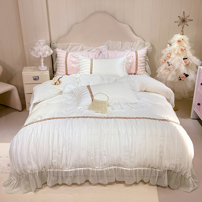 91家纺网 家纺一手货源 找家纺 艾米家居 2026春夏水洗真丝花边款四件套-春漾系列 珍珠白