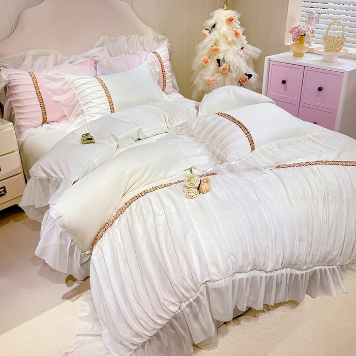 91家纺网 家纺一手货源 找家纺 艾米家居 2026春夏水洗真丝花边款四件套-春漾系列 珍珠白