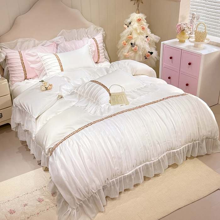 91家纺网 家纺一手货源 找家纺 艾米家居 2026春夏水洗真丝花边款四件套-春漾系列 珍珠白