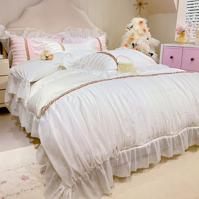 91家纺网 家纺一手货源 找家纺 艾米家居 2026春夏水洗真丝花边款四件套-春漾系列 珍珠白