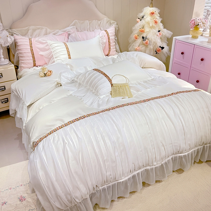 91家纺网 家纺一手货源 找家纺 艾米家居 2026春夏水洗真丝花边款四件套-春漾系列 珍珠白