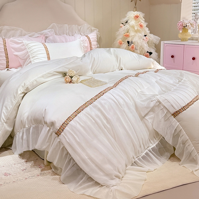 91家纺网 家纺一手货源 找家纺 艾米家居 2026春夏水洗真丝花边款四件套-春漾系列 珍珠白