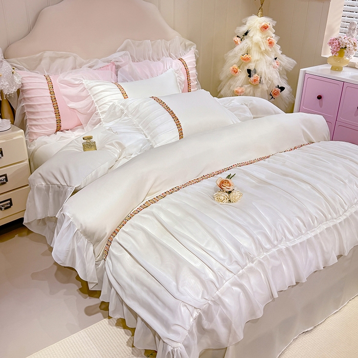 91家纺网 家纺一手货源 找家纺 艾米家居 2026春夏水洗真丝花边款四件套-春漾系列 珍珠白