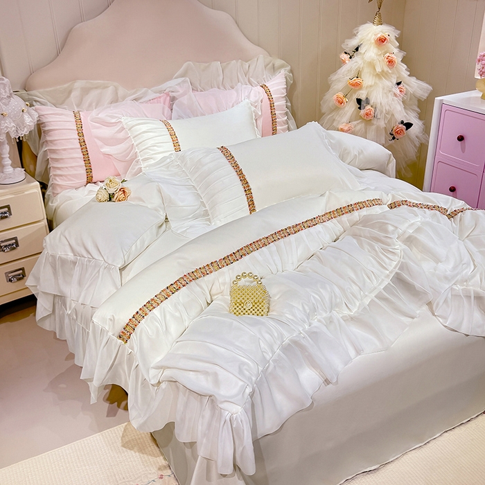 91家纺网 家纺一手货源 找家纺 艾米家居 2026春夏水洗真丝花边款四件套-春漾系列 珍珠白