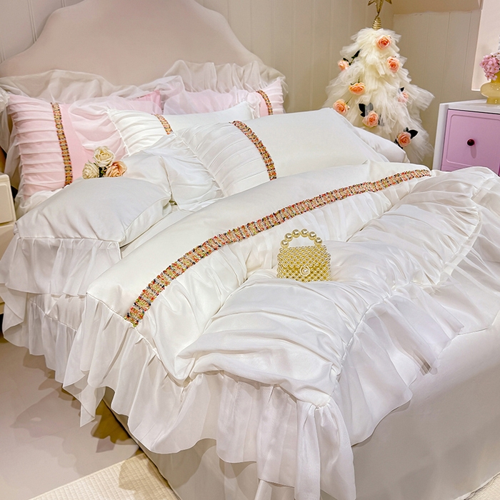 91家纺网 家纺一手货源 找家纺 艾米家居 2026春夏水洗真丝花边款四件套-春漾系列 珍珠白