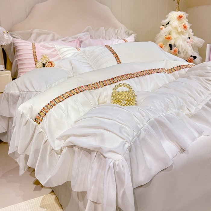 91家纺网 家纺一手货源 找家纺 艾米家居 2026春夏水洗真丝花边款四件套-春漾系列 珍珠白