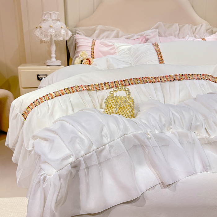 91家纺网 家纺一手货源 找家纺 艾米家居 2026春夏水洗真丝花边款四件套-春漾系列 珍珠白