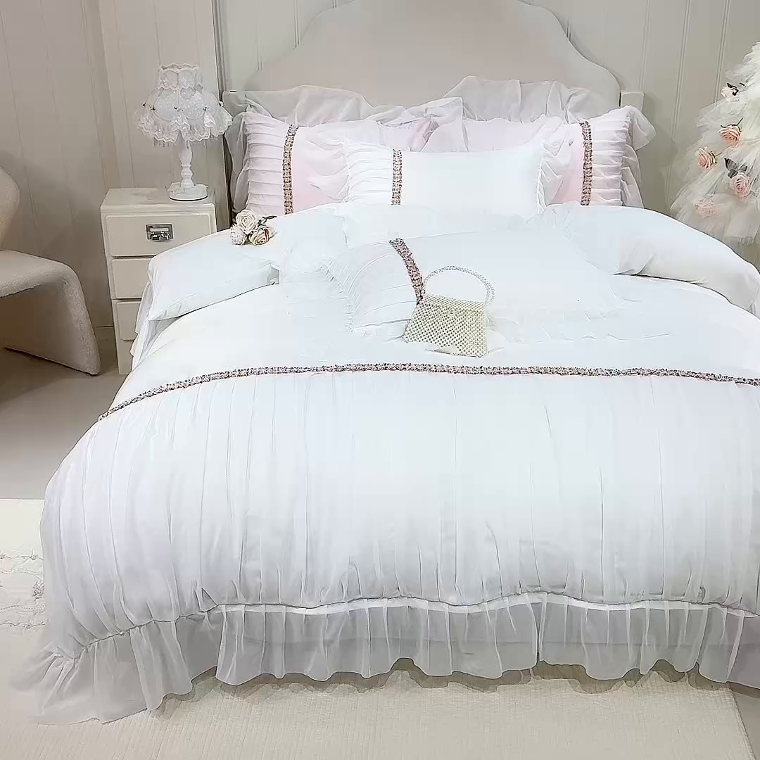 91家纺网 家纺一手货源 找家纺 艾米家居 2026春夏水洗真丝花边款四件套-春漾系列 珍珠白