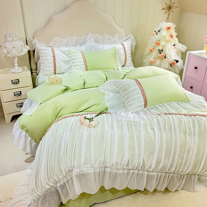 91家纺网 家纺一手货源 找家纺 艾米家居 2026春夏水洗真丝花边款四件套-春漾系列 青苹绿