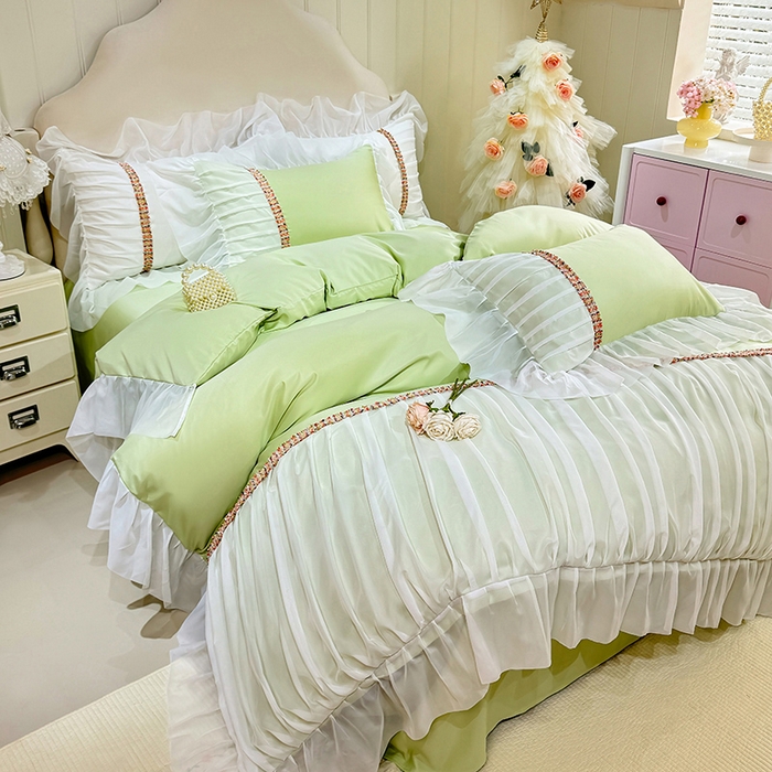 91家纺网 家纺一手货源 找家纺 艾米家居 2026春夏水洗真丝花边款四件套-春漾系列 青苹绿